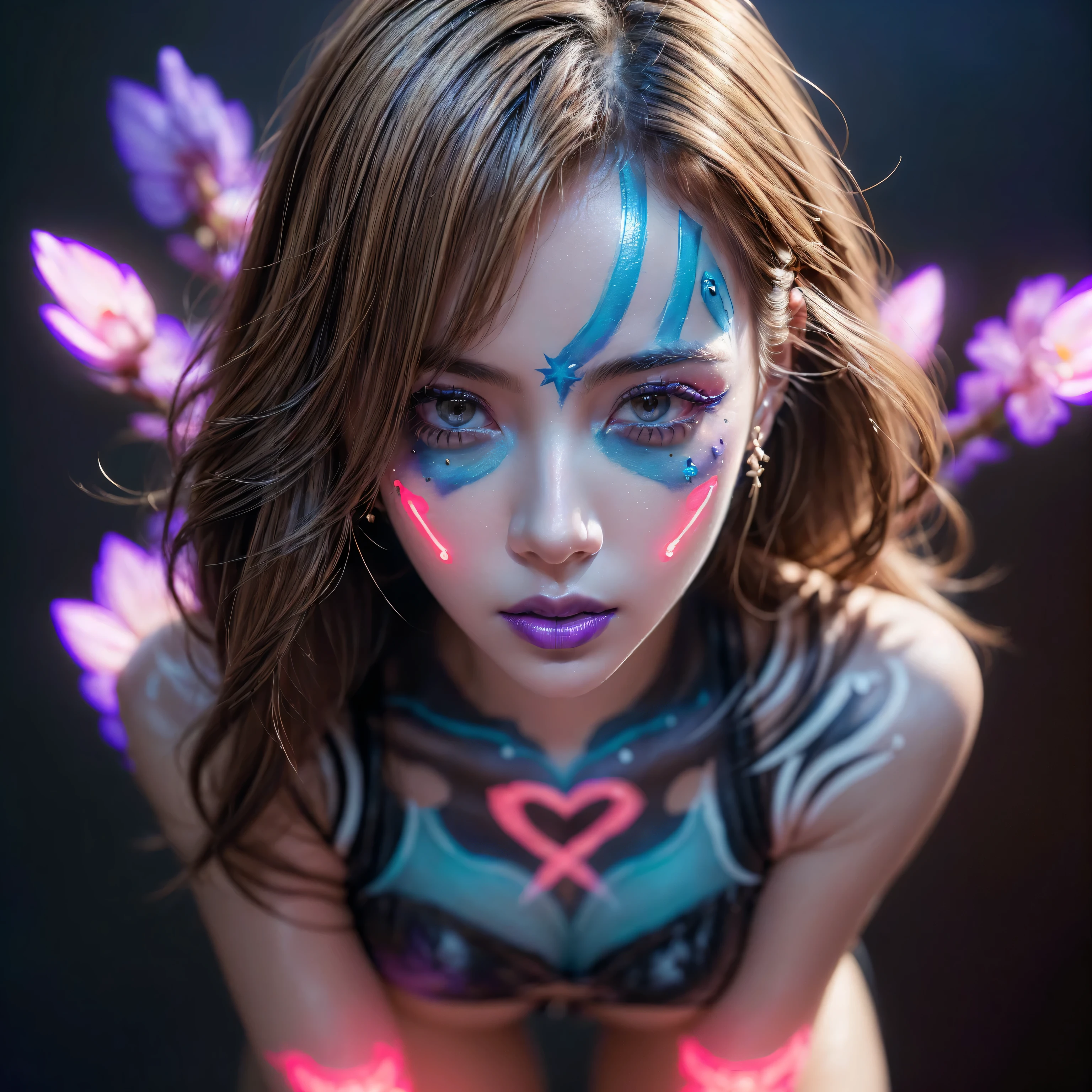 (((portrait of a girl in the dark, ultraviolet light on her:1.35))), ((Glowing 3D objects interact with graphics，Super detailed illustrations))，photorealistic Realism 8K, 16K Quality, fashion supermodel, (Glamour, paparazzi taking pictures of her), (ultra absurd quality, extremely detailed detail, hyper resolution, clear sharp focus, not blurry, (perfect round, Realistic brown eyes:1.25)), ((perfect dark_eyeshadows)), (super Detailed, beautiful little nose), (perfect composition), (short blonde hair, (wavy, combed up, behind the ear), extremely detailed)), photo of the most beautiful artwork in the world, professional majestic, (Anatomically correc)), ((perfect proportions), ((perfect hands:1.2)), ((perfect female body:1.4)), cute girl, firm and full breasts, ((super beautiful cute sharp-face)), (light pale complexion), ((blue, red, pink, flower clusters: 1.44)), ((Beautiful girl with long legs and good style:1.2)), (dynamic pose:1.25),((no_Pantise)),(Erotic:1.33), (cowboy shot), break, ((creative spring flowers uv portrait glowin neon body art painting:1.45)), ((fluorescent flower clusters printed on her skin: 1.44)), ((fluorescent paint whole body:1.45)), ((A model shows off glowing body paint covering her private parts in a vivid artistic display))),
