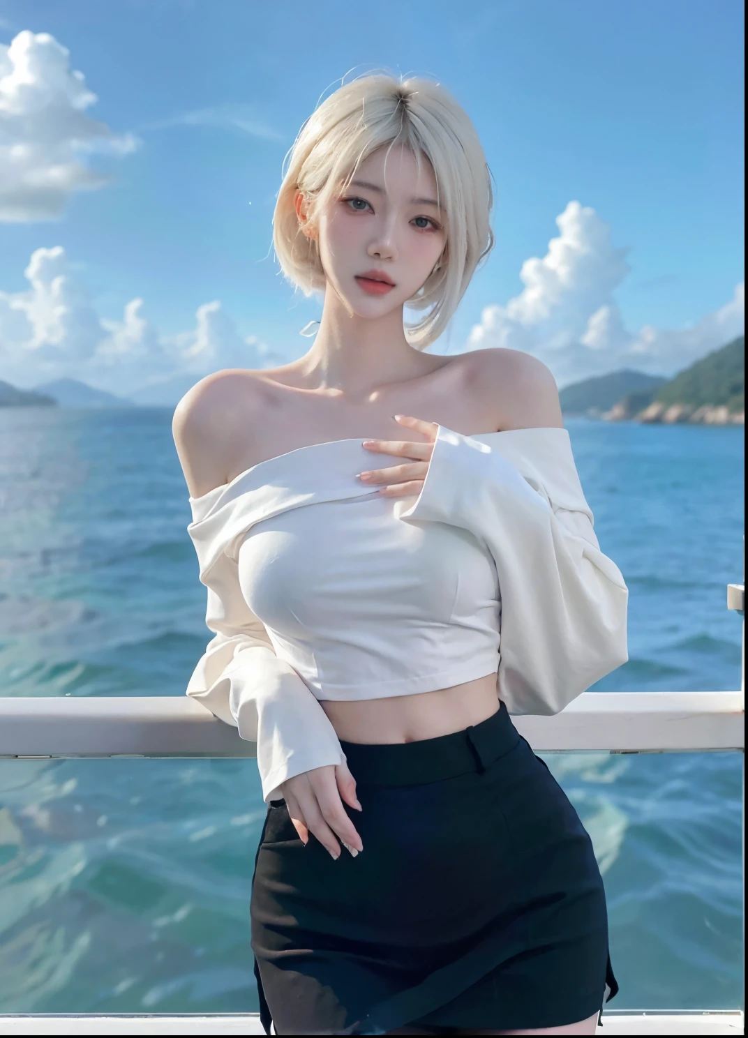 Beautiful woman with perfect figure:1.4,Ultra-high resolution,Put your hands behind your back,Ocean background,(Realism:1.4),Layered hairstyle,White skin,JK:1.5,Super short pleated skirt,whole body:1.4,Very delicate and skin texture,Double eyelids,Skin Whitening,Long hair,White hair