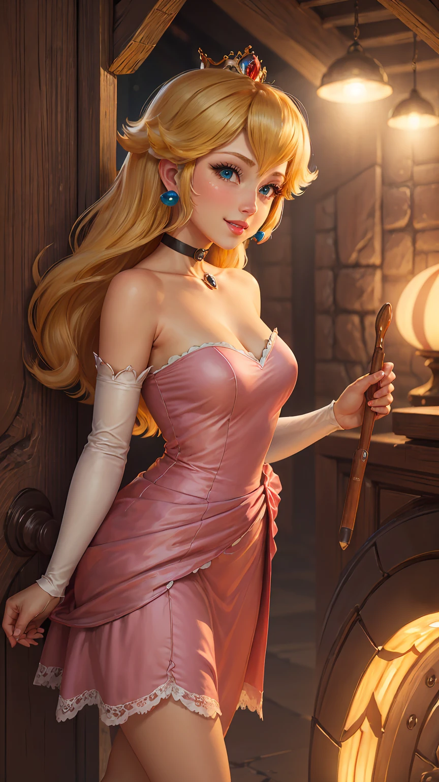 1 girl, Princess Peach, blonde hair, blue eyes, (frilly), gentle, gentle light, soft, soft light, delicate, jewelry, small breasts, (pink skirt, topless, white frilly thighhighs, petticoat), sweet, (vagina), exposed breasts, after sex, cum, smile, dripping, gold filigree 