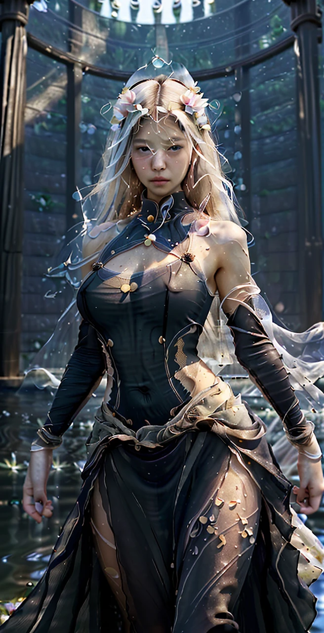(high quality, 8k, original character), (Made: 1.5), (Masterpiece, Best Quality, high resolution: 1.2), girl, summer night, (Mediums Smooth Texture: 1.5), sexy skirt, delicate eyes, delicate image, bottle, River, Face to camera, A large lotus blooms behind him, Moonlight, breeze, fireflies