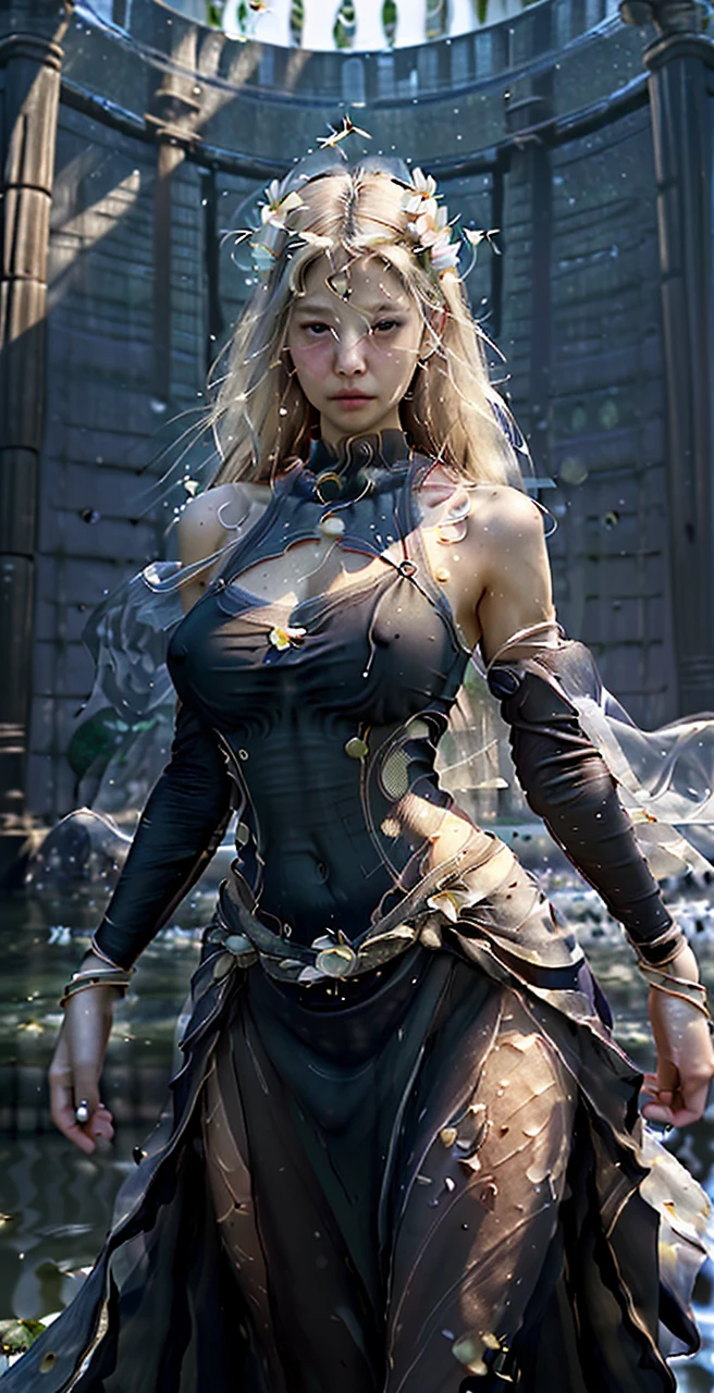 (high quality, 8k, original character), (Made: 1.5), (Masterpiece, Best Quality, high resolution: 1.2), girl, summer night, (Mediums Smooth Texture: 1.5), sexy skirt, delicate eyes, delicate image, bottle, River, Face to camera, A large lotus blooms behind him, Moonlight, breeze, fireflies