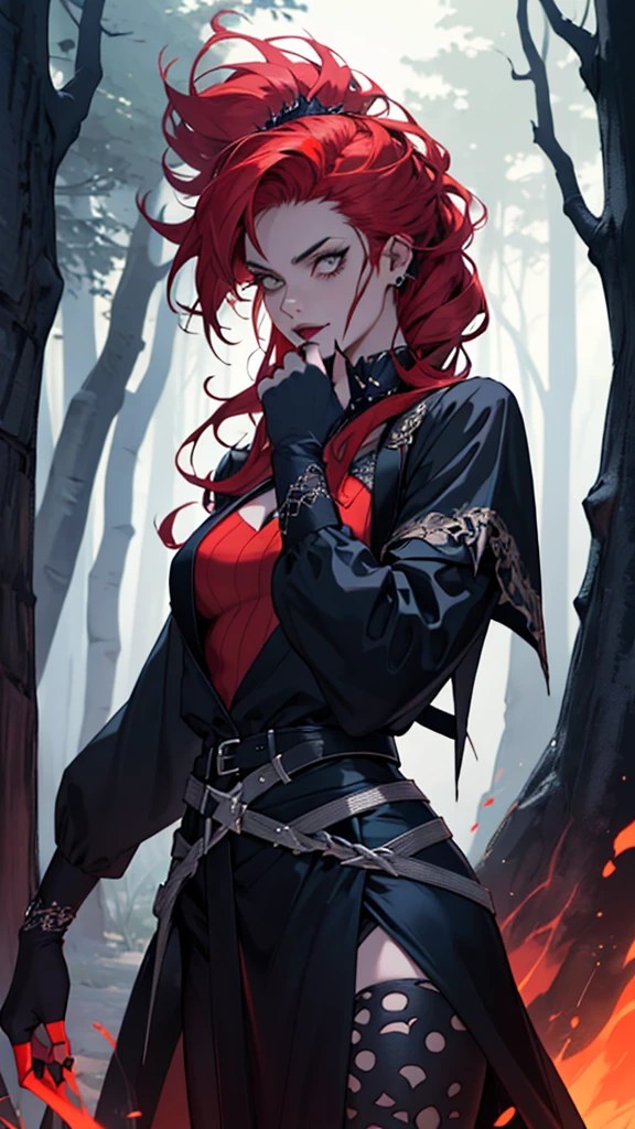 Ultra detailed, clothes details, spiders, fashion, goth, lattin drag queen, hole body, fire witch, long red hair, dark clothing, forest, night, magic, fight, pose