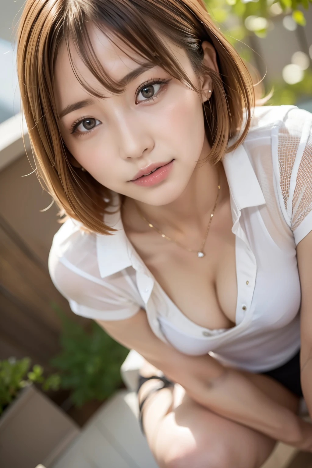 8 years、RAW Photos、(Masseter muscle area)、(Highest quality)、High Resolution、(With a girl)、(Realistic、Photorealistic:1.2), A woman squatting and sitting in a small school toilet, She takes off my pants, takes out my penis in front of her and touches it gently、Beautiful Face,Beige Hair、 Looking down on her from above、Look up at me and laugh、White shirt and tie、No bra、Open your chest wide、Attractive pose, Cute and elegant open leg pose, Realistic young gravure idol、View from the ceiling directly above、Upper body close-up