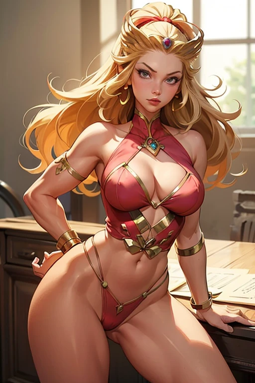 fully body, photo of a 1girl, 1girl, She-ra, hair blonde, loves, grading: safe, red leotard, leotard, waist belt, long hair, breastsout, middlebreasts, bracer, bracelet, make-up, lipstick, (fully body) dinamic pose, smug smirk, tall and toned body, (muscle body: 1.4), (women's hands:1.3), dentation, narrow waisted, thicc thighs, Broad Hips, half eye closed, eyeliner, cilia, face perfect, detailedeyes, facial lighting, gazing at viewer (Masterpiece artwork, high qualiy: 1.2)