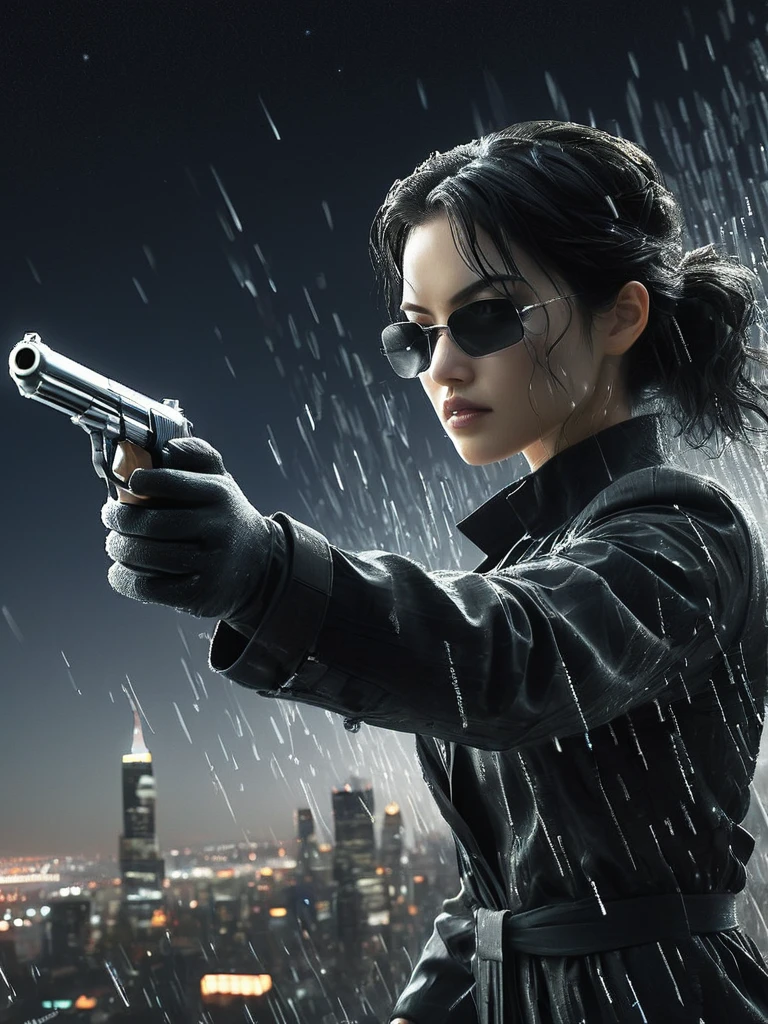 stunning black and white graphite sketch of Neo, panoramic shot, from The Matrix film trilogy, in dynamic pose firing a gun in each hand, background and ambiance of the Matrix streaming binary code and cityscape at night, by Anna Razumovskay, (by Alyssa Monks:1.1), by Joseph Lorusso, by Lilia Alvarado, beautiful lighting, sharp focus, 8k, high res, (pores:0.1), (sweaty:0.8), Masterpiece, Nikon Z9, Award - winning photograph, --ar 16:9 --style raw --stylize 750 --niji 6, perfect composition, beautiful detailed intricate insanely detailed octane render trending on artstation, 8 k artistic photography, photorealistic concept art, soft natural volumetric lighting, cinematic perfect, wide angle view