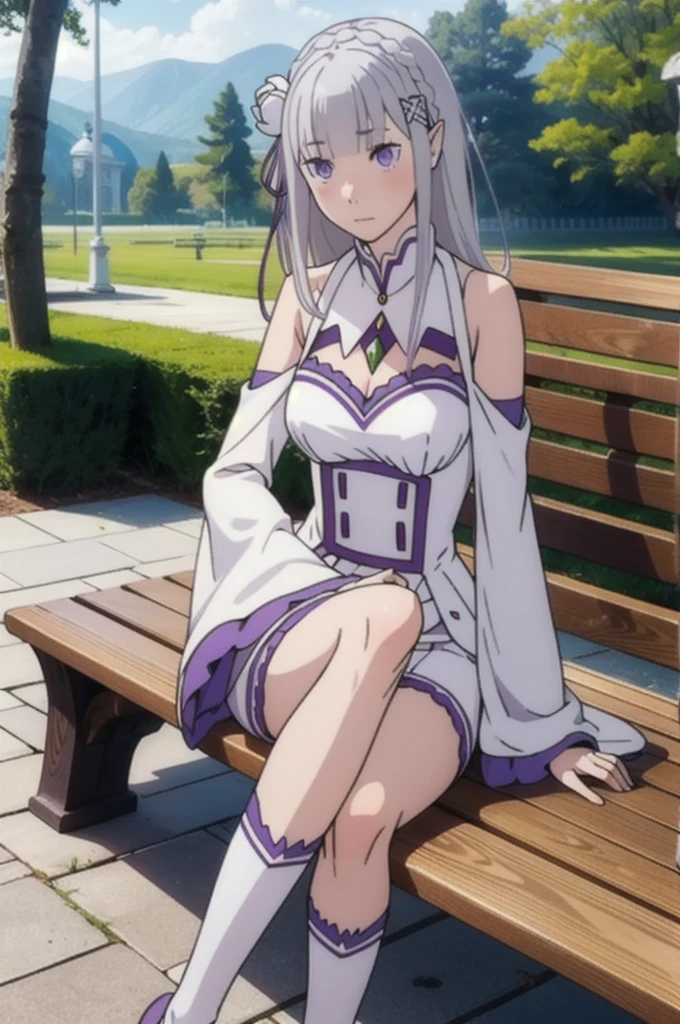 Absurd, High resolution, Super detailed, Emilia, Gray Hair, Purple eyes, Long Hair, Medium chest, Hair Flowers, hair ornaments, Hair Ribbon, White Dress, Detachable collar, Wide sleeves, White knee socks, View your viewers, Sitting, bench, Outdoor, wood