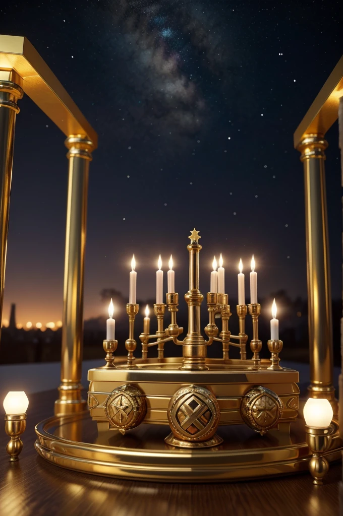 Create an image of the Jewish Menorah with 7 points in 3d and 4k resolution