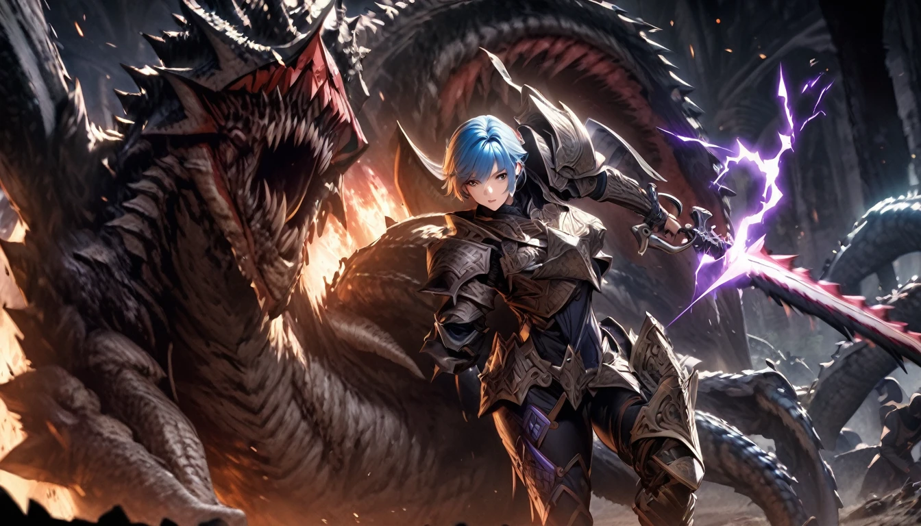 ((Highest quality)),(Ultra-high resolution),(超詳new),(Detailed Description),((The best CG)),(masterpiece),Highly detailed art,素晴らnew描写芸術,(Fantasy art with intricate detail:1.5), (1 female knight:1.6),Blue Hair:1.5. Beautiful and well-proportioned face:1.6,Also々new:1.5,Natural Makeup:1.4,short hair:1.8,Armor with great attention to detail:1.6,Precise and detailed relief:1.7,Shining Jewel:1.5, (In the dark dungeons:1.7),((Monster Attack:1.8))Purple Lightning 1.8,dragon1,5