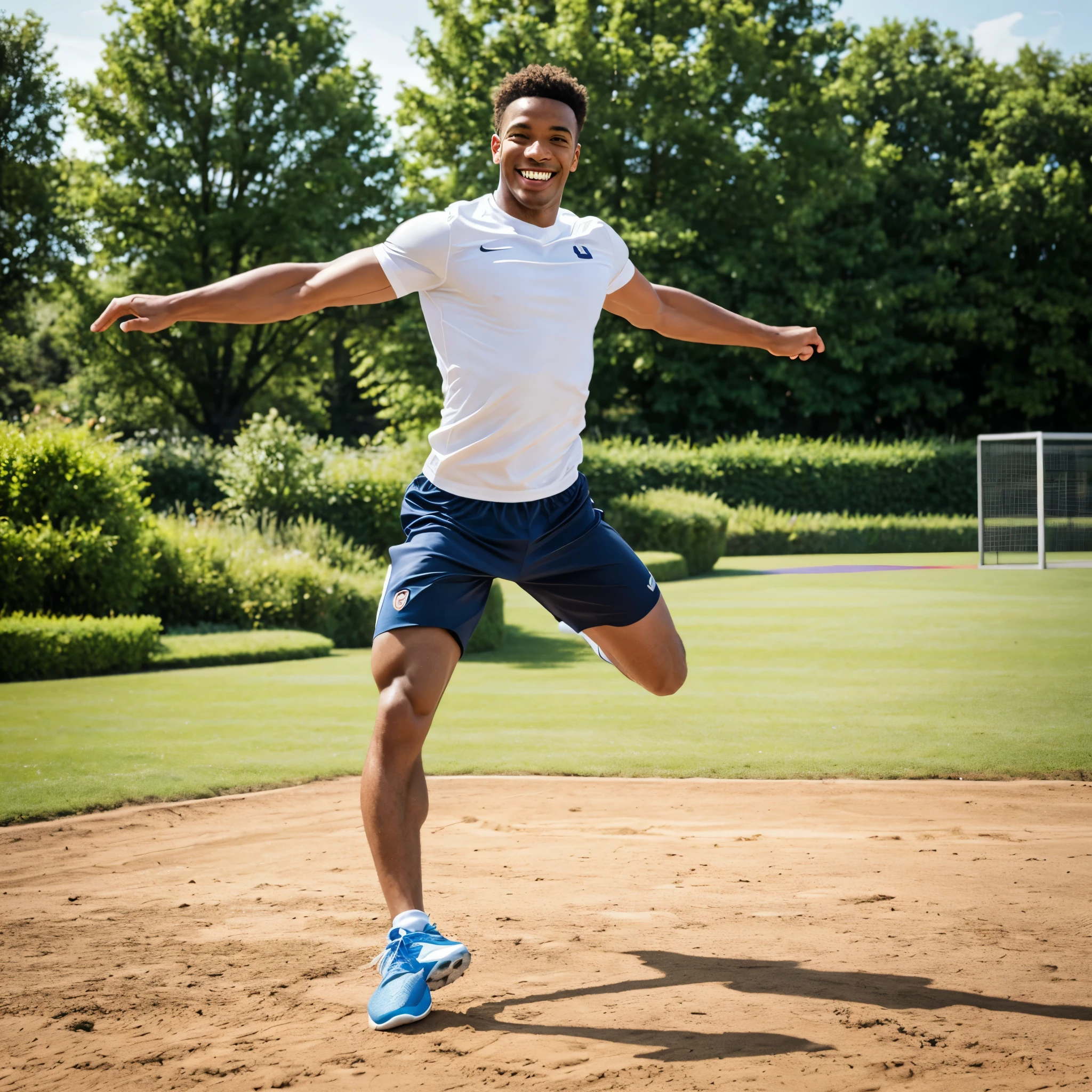"Imagine the scene, where the guy plays sports and smiles mischievously. Describe him in an active pose, For example, running, jumping or training with dumbbells. Consider your surroundings - it could be a gym, park or sports field. It is important to convey dynamism and energy in the image."