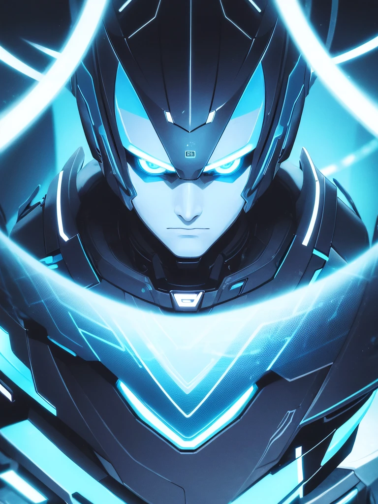 Man with futuristic style marked face with blue neon lights on a dark background and with a lethal drearm with a determined expression