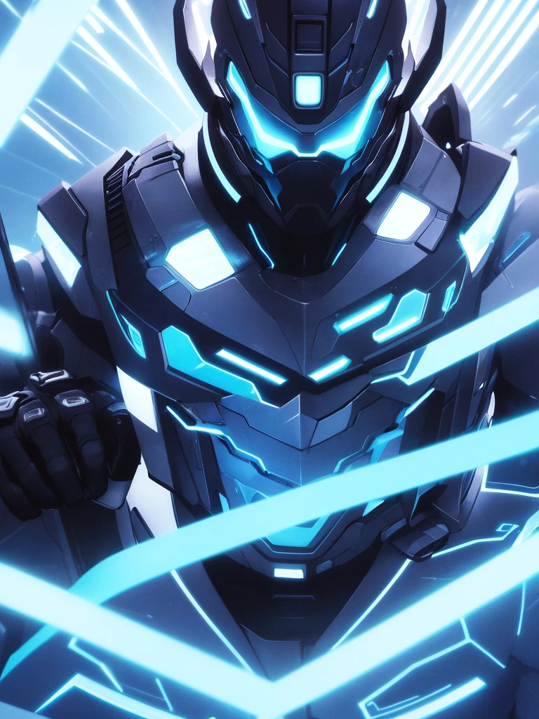Man with futuristic style marked face with blue neon lights on a dark background and with a lethal drearm with a determined expression