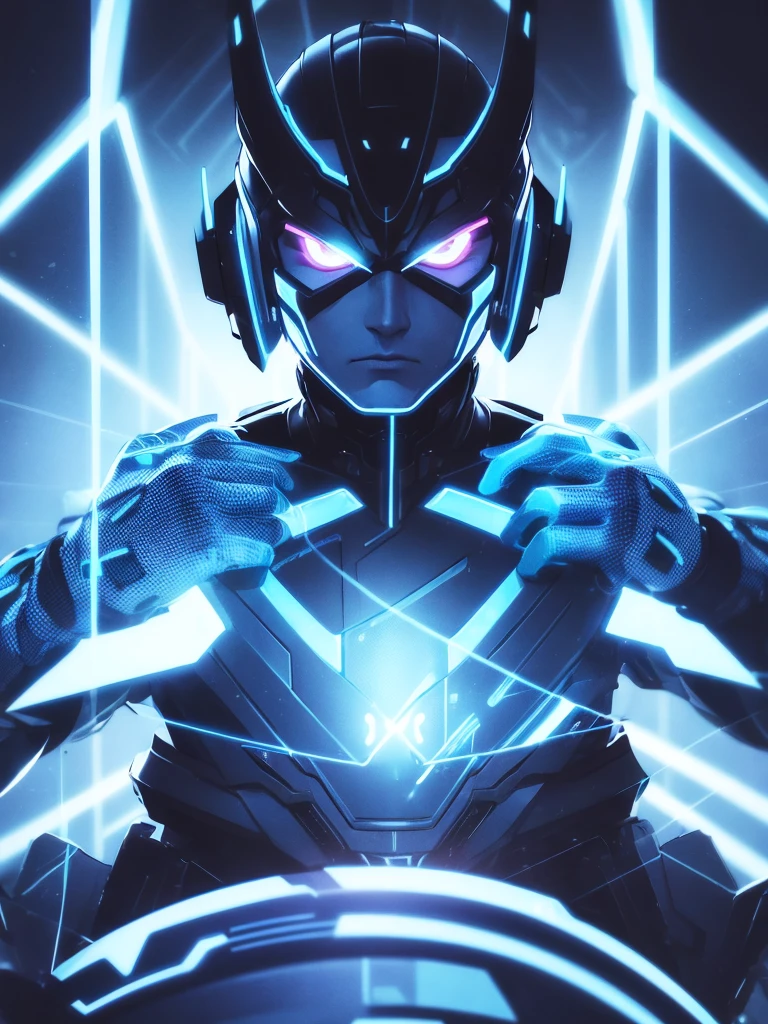 Man with futuristic style marked face with blue neon lights on a dark background and with a lethal drearm with a determined expression