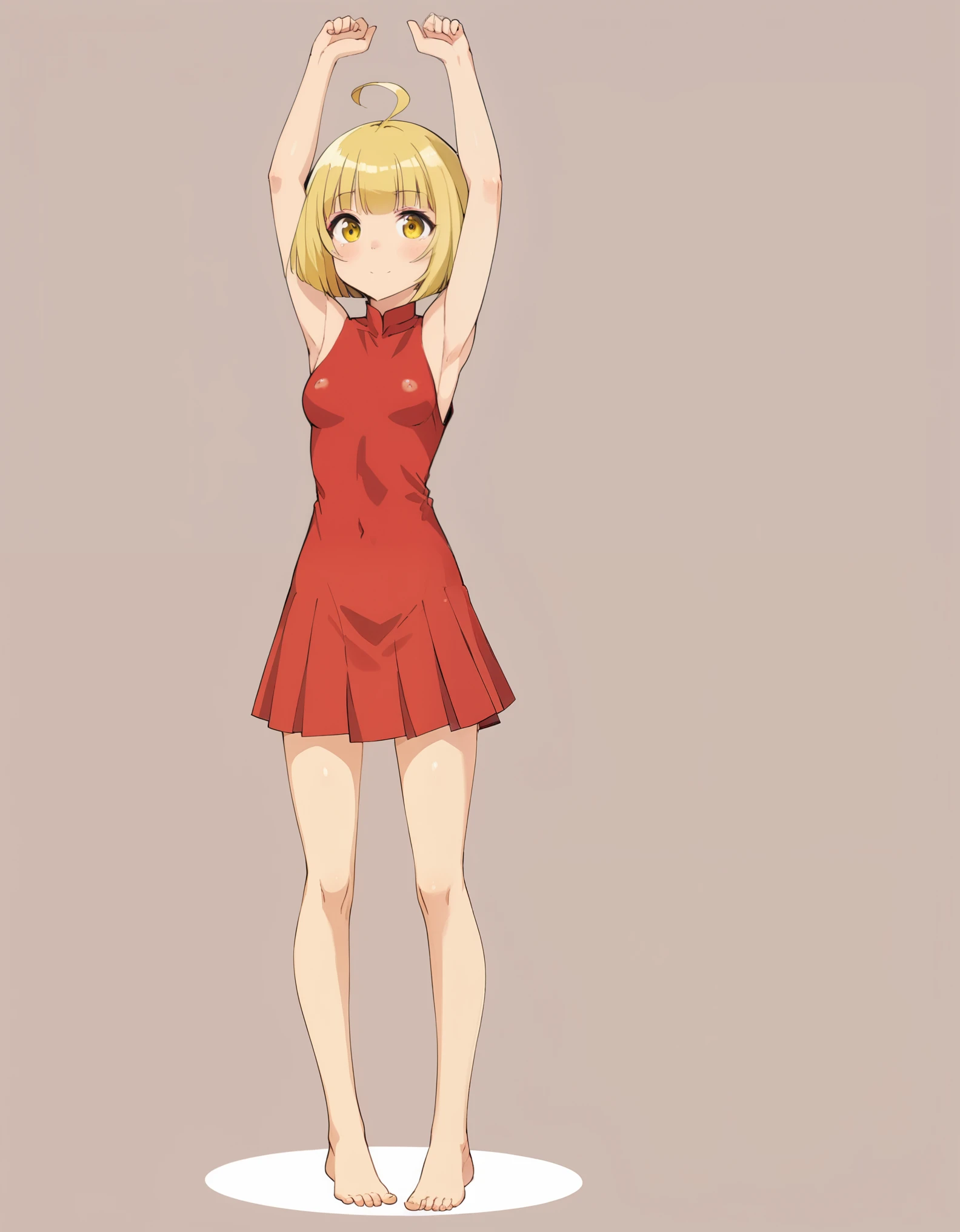 (score_9,score_8_up,score_7_up,),shinobu,blunt bangs,red dress,blonde hair,short hair,barefoot,yellow eyes,standing,sleeveless,nipples,armpit_peek,arms up,simple background,upper_body,