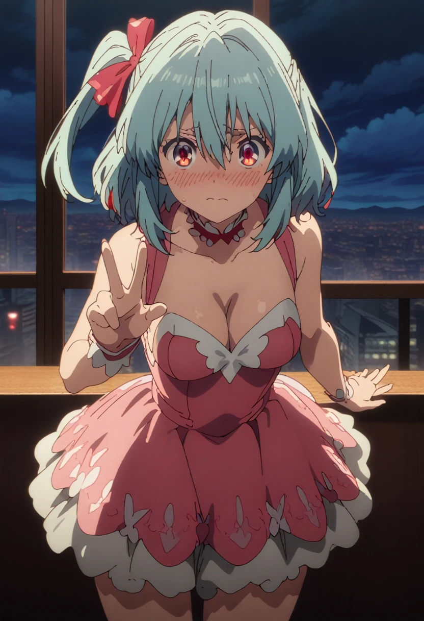 cel-shaded, 1990s_anime, detailed, high quality, masterpiece, best quality, very aesthetic, absurdres, anime screencap, miku. 1girl, solo, (red eyes:1.5), detailed eyes, light blue hair, medium hair, one side up , bangs, hair between eyes, hair ribbons, magical girl dress, white boots, thighs, medium breasts, blush, borrowed, embarrassed, sexy, collarbone, cleavage, ((cowboy shot)), ((from front)), window, city, sky, clouds, night, (v), (looking at viewer:1.0)