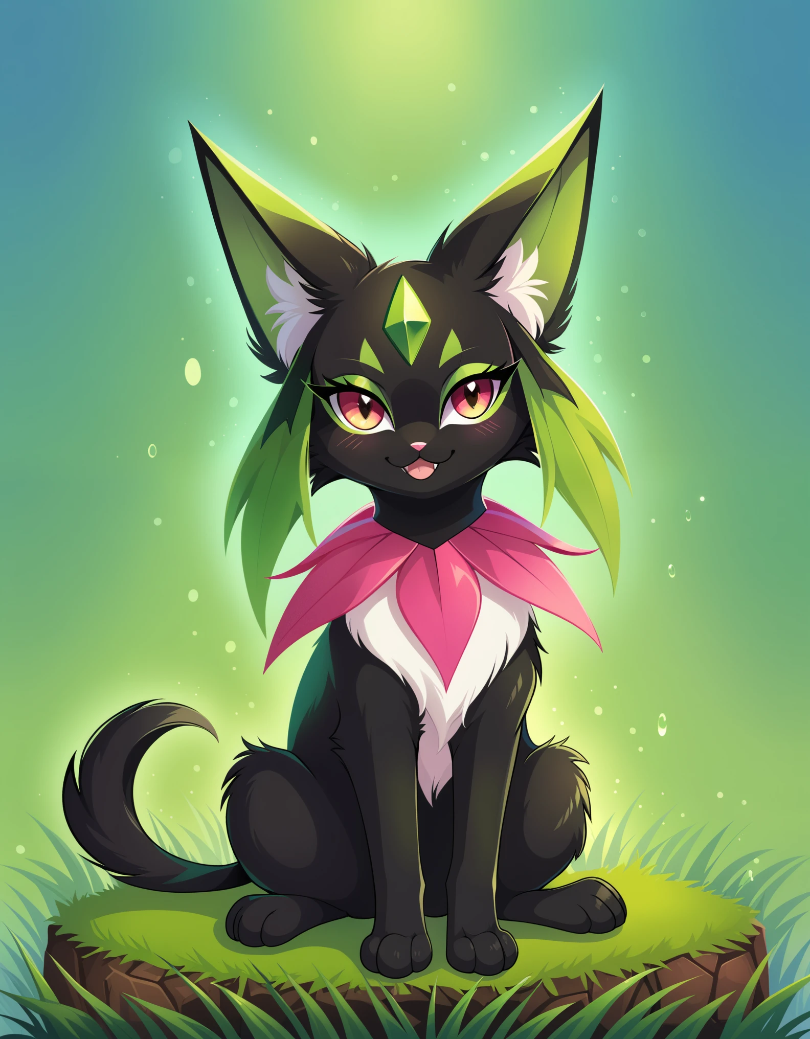 score_9,score_8_up,score_7_up,score_6_up,score_5_up,score_4_up,portrait,feral,full body,epic,gradient background,sitting, Meowscarada,grass background, paws, black legs