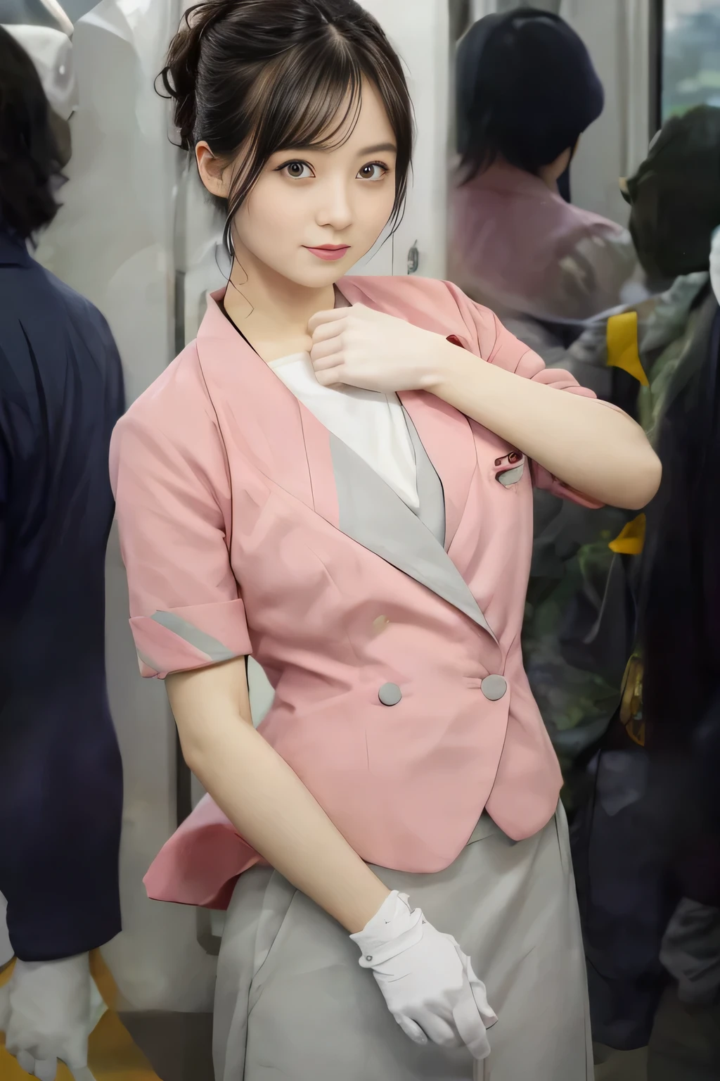 (masterpiece:1.2, Highest quality:1.2), 32k HDR, High resolution, (alone、1 girl)、 (Height: 160cm)、(On the rooftop of a building in the daytime、Professional Lighting)、Building rooftop background、(Nankai train crew uniform pinkを着たリアルスタイル)、(Nankai train crew uniform pink short sleeve collarless pink jacket、Nankai Train Crew Uniform Pink Collarless Short Sleeve Blouse、Nankai Train Crew Uniform Pink Grey Knee-length Culottes)、(The pink jacket is showing from the culottes.)、Dark brown hair、(Long hair that goes up to the chest、Let your hair down)、Long Shot、Big Breasts、Thin legs、((Great hands:2.0)),((Harmonious body proportions:1.5)),((Normal limbs:2.0)),((Normal finger:2.0)),((Delicate eyes:2.0)),((Normal eyes:2.0)))、smile、(Nankai Train Crew Uniform Pink Grey Knee-length Culottesを見せた美しい歩く姿)、Place your hands around your stomach