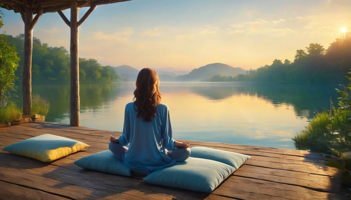 A woman filmed with her back facing the sunrise in a meditative position with nature and a calm lake around her, the woman is sitting on a rug and a cushion on a wooden pier, a color palette s]in shades of blue and yellow.. ultra realistic image,