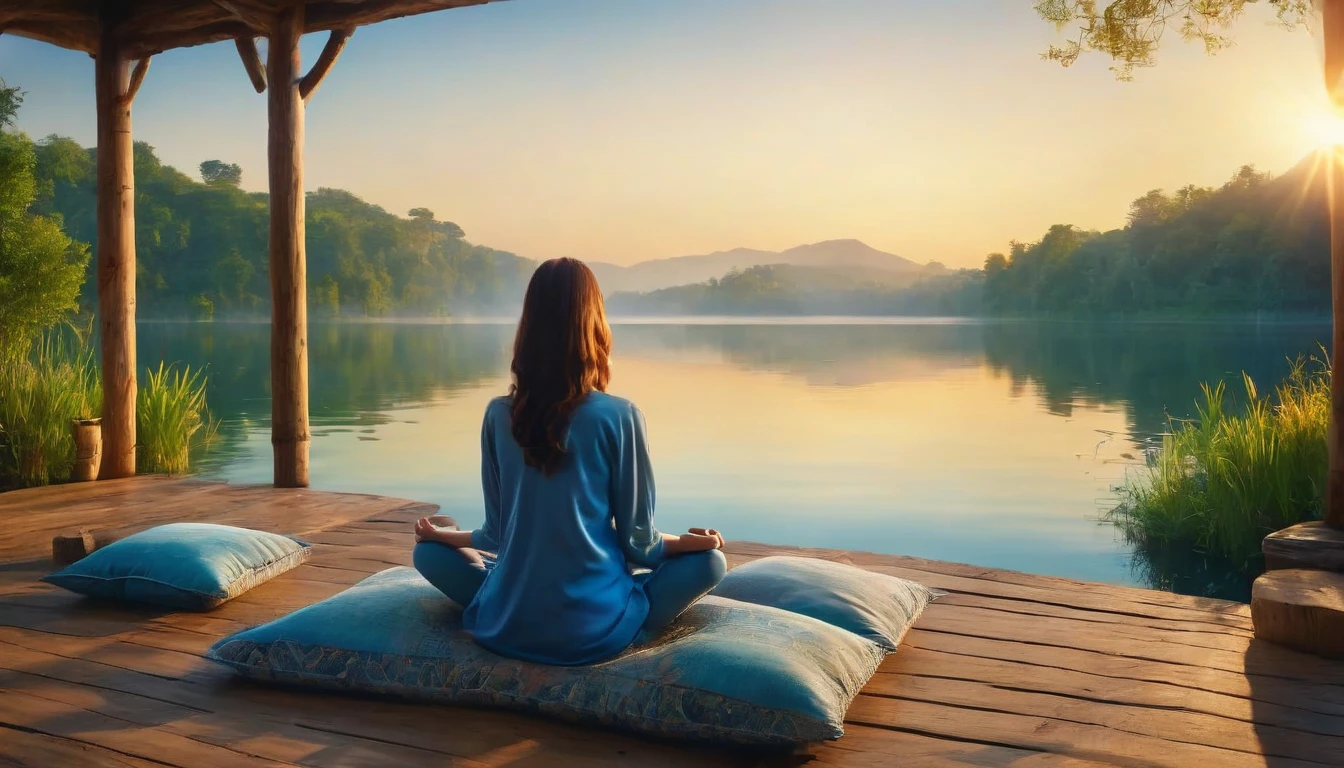 A woman filmed with her back facing the sunrise in a meditative position with nature and a calm lake around her, the woman is sitting on a rug and a cushion on a wooden pier, a color palette s]in shades of blue and yellow.. ultra realistic image,