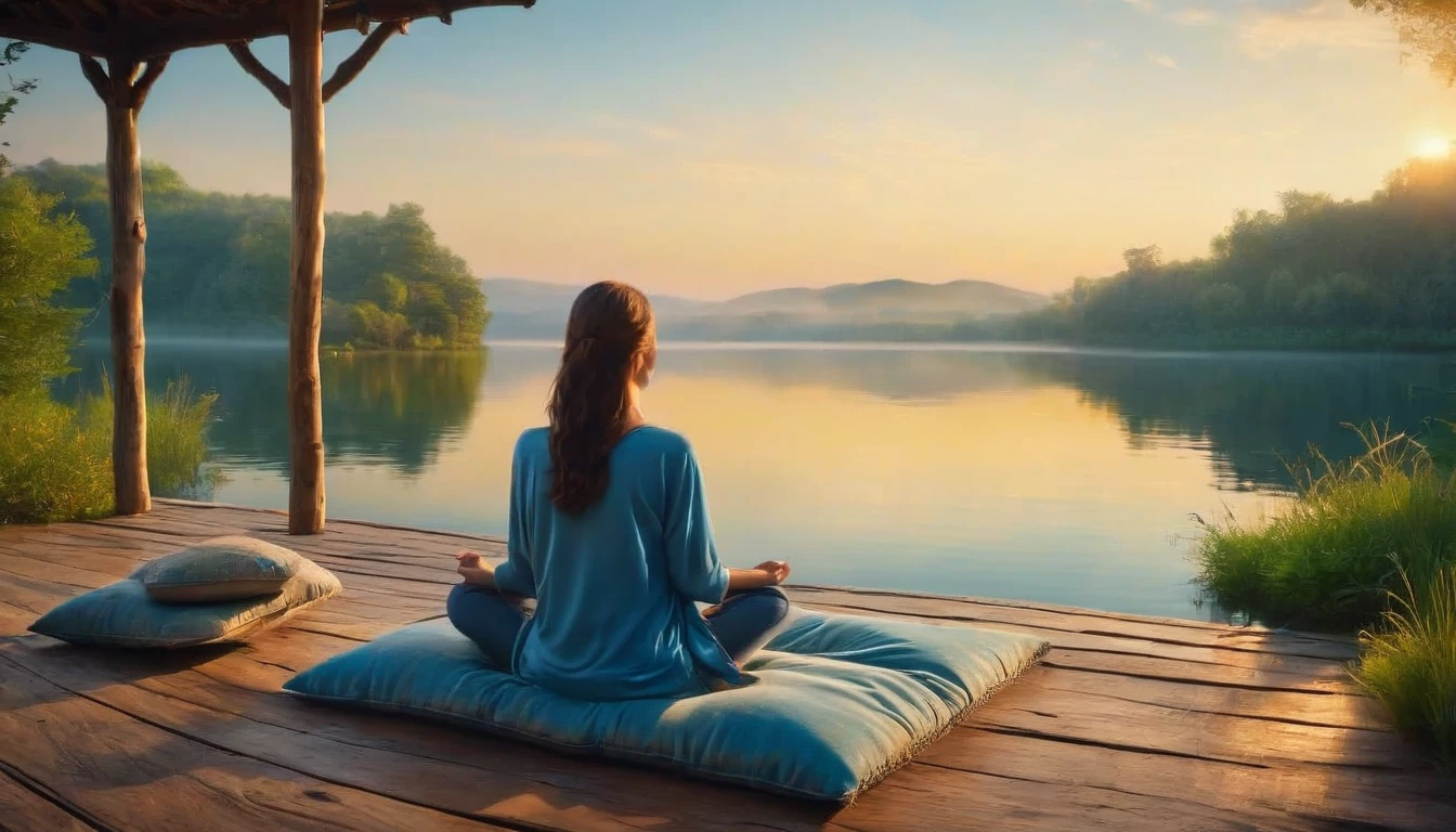 A woman filmed with her back facing the sunrise in a meditative position with nature and a calm lake around her, the woman is sitting on a rug and a cushion on a wooden pier, a color palette s]in shades of blue and yellow.. ultra realistic image,