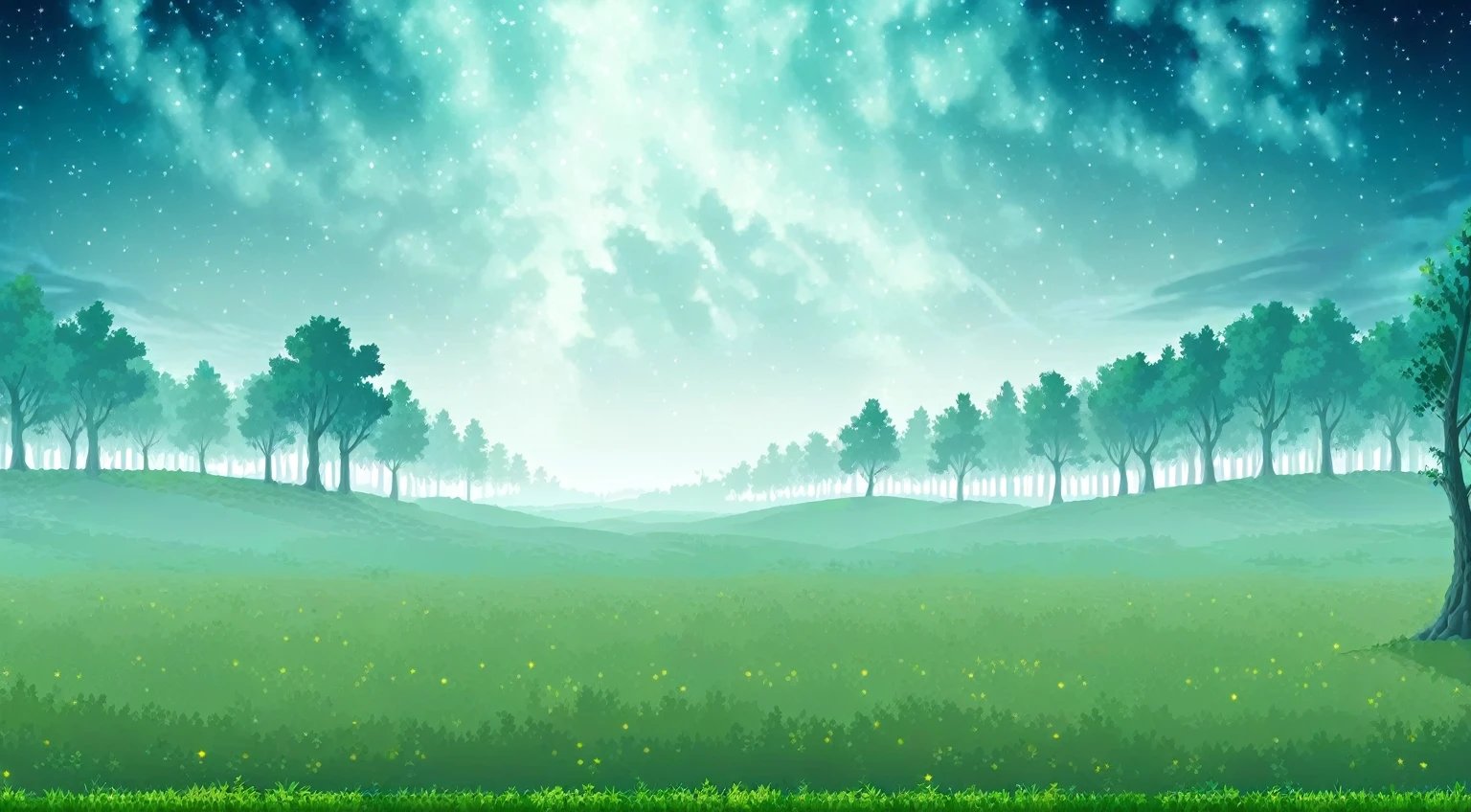 Side view of a forest battleback, background, clean and plain floor, medieval forest battleback, at night, night sky, clean sky, side-view, masterpiece, trees in background