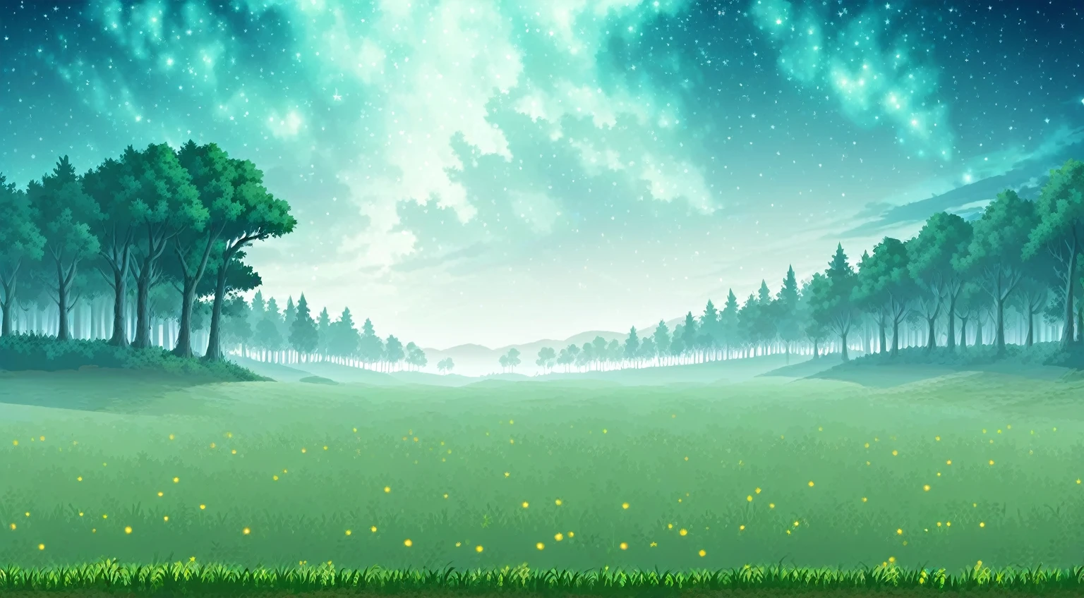 Side view of a forest battleback, background, clean and plain floor, medieval forest battleback, at night, night sky, clean sky, side-view, masterpiece, trees in background