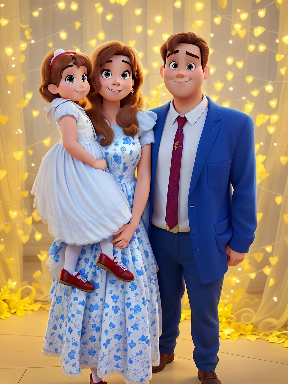 A  and two adults posing for a Disney Pixar Style photo,
alta qualidade, melhor qualidade