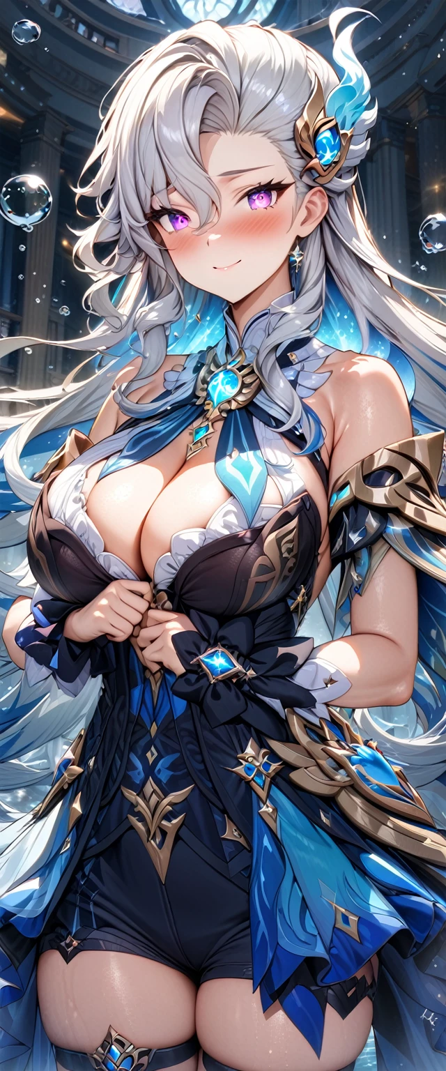 (masterpiece), best quality, expressive eyes, perfect face,1girl,neuvillette,genshin impact,courtroom,water bubbles in the air,giant water bubbles,shy smile,blush,cowboy shot,glowing eyes,big breasts,cleavage,long hair,sapphire gems,bare shoulders,(magical girl:1.4),studio lighting,(sparkle:0.9),(glitter:0.9)