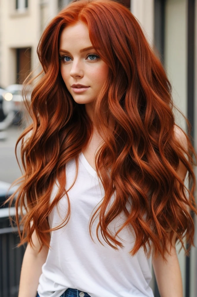 I want a redhead woman, WITH WAVY HAIR, her hair is 40 cm long and is loose, the woman's complexion is extremely fair, she doesn't have clothes, She is lying on a large bed with red clothes and has her hands resting on her head., look directly with a seductive and sexy look