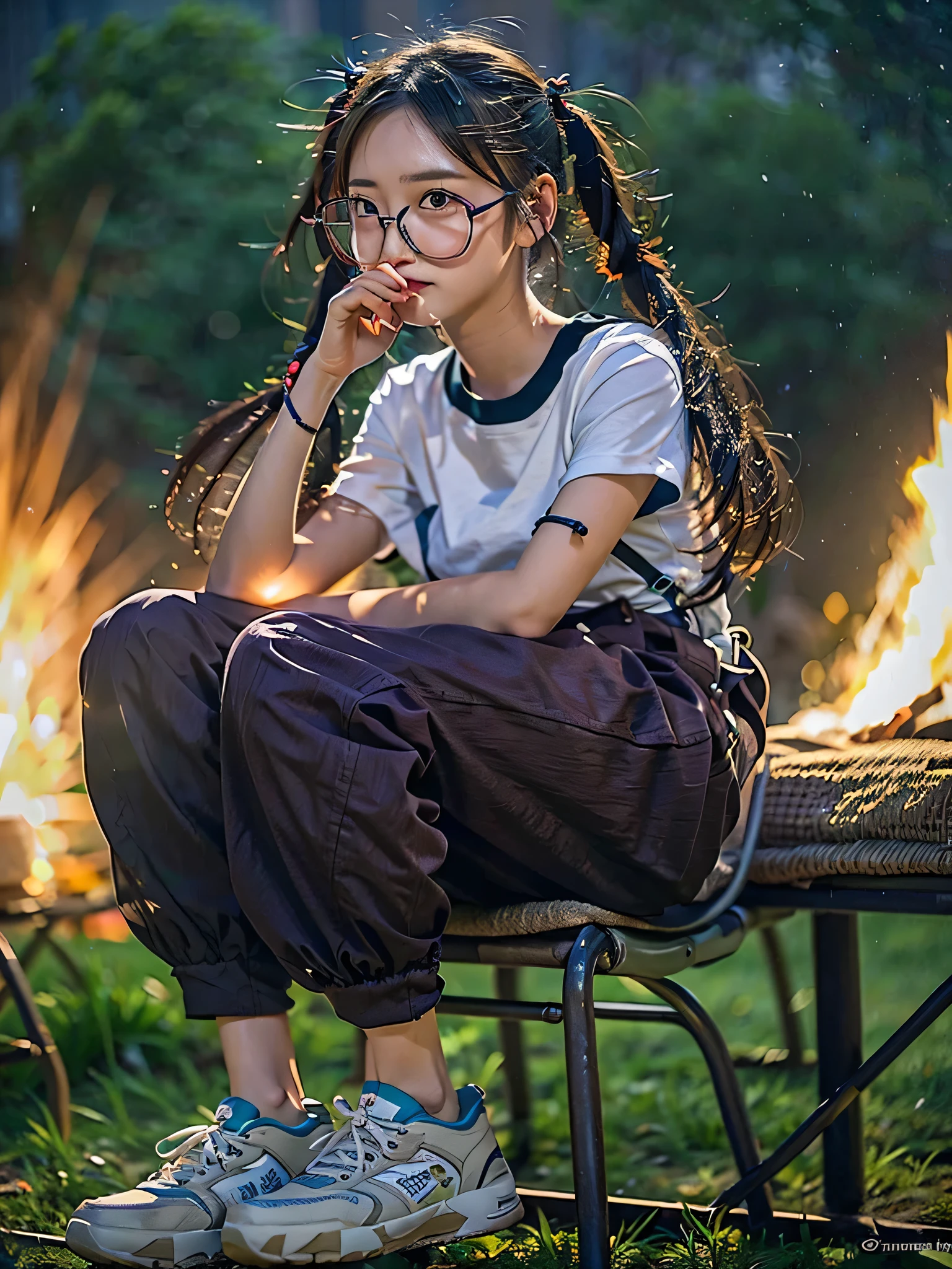 Top quality, 1 beautiful woman, ((Twintails)), wearing T-shirt, overall, glasses, sitting on chair, 50mm lens, f/1, bonfire, Moonlight, Moody Lighting, (from_behind:1.2), at camp site