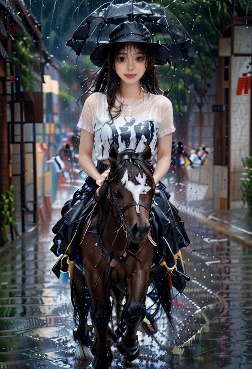 professional photography, a beautiful Japanese girl, smiling forward, wearing a transparent white t-shirt, big breasts, and a black skirt, riding a running horse, raining, her clothes soaked in the rain, wearing a cowboy hat, 8k, ultra-realistic