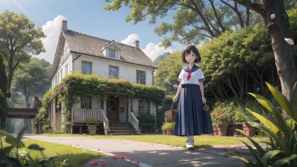 (masterpiece), town, blue sky, One Girl, smile, alone, Sailor suit、Long skirt, Overgrown, petal, plant、Skirt lining、Translucent slip、Nostalgic