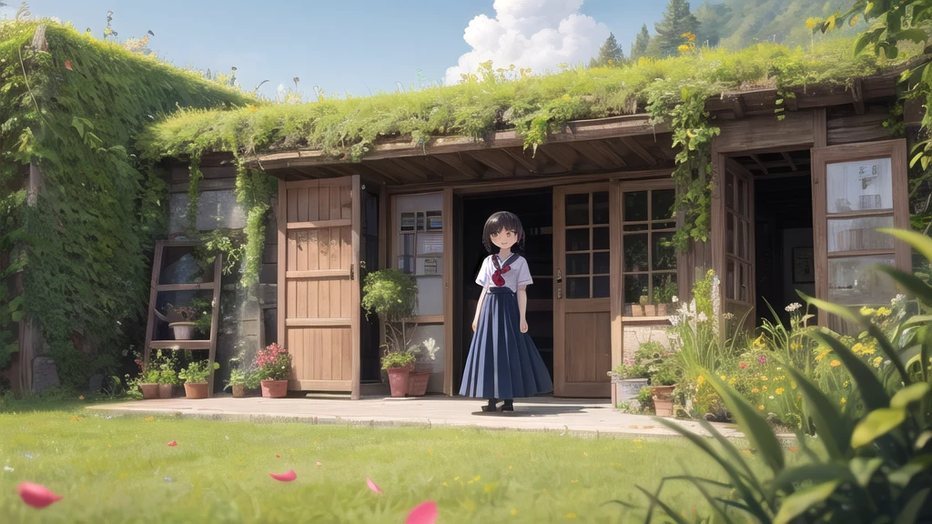 (masterpiece), town, blue sky, One Girl, smile, alone, Sailor suit、Long skirt, Overgrown, petal, plant、Skirt lining、Translucent slip、Nostalgic