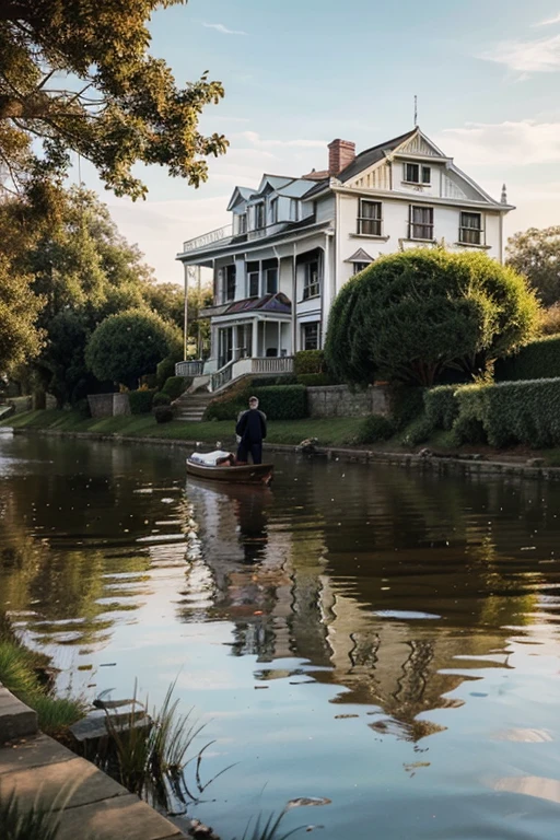Realistic illustration of a white Victorian style house by the river, with two young people dragging another young man into the distance.