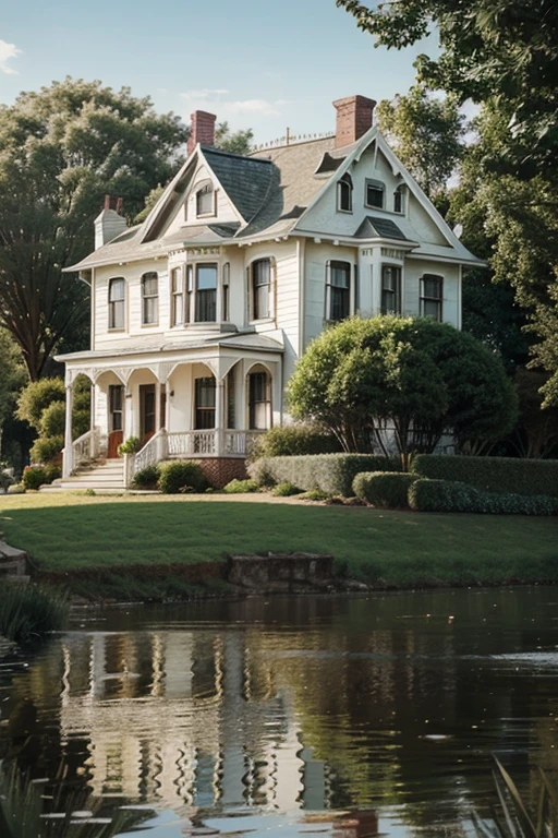 Realistic illustration of a white Victorian style house by the river, with two young people dragging another young man into the distance. 