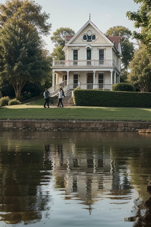 Realistic illustration of a white Victorian style house by the river, with two young people dragging another young man into the distance. 