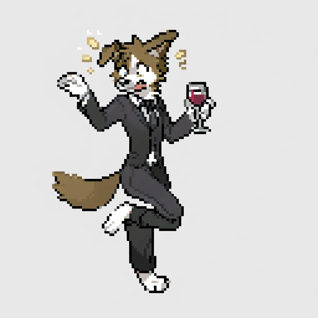 canid, canine, canis, mammal, mythological_canine, were, werecanid, werecanine, border_collie, black_nose, black_suit, black_pants, white_tie, holding_wine, wine_glass, standing_on_one_leg, wobbling, male, fingers, fluffy, fluffy_tail, fur, thin_anthro, full_body, shocked_expression, solo, digital_media_(artwork), hi_res, masterpiece,