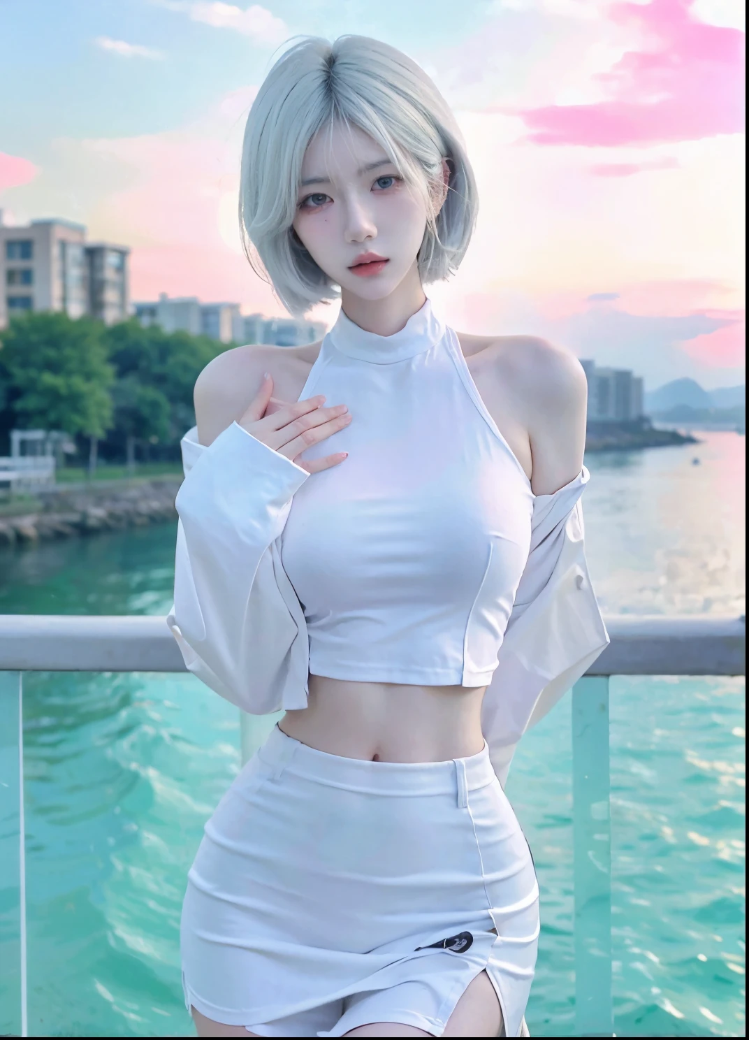 Beautiful woman with perfect figure:1.4，Ultra-high resolution，Put your hands behind your back，Ocean background，（Realism:1.4)，Layered hairstyle，White skin，JK:1.5，Super short pleated skirt，whole body：1.4，Very delicate and skin texture，Double eyelids，Skin Whitening，Long hair，White hair
