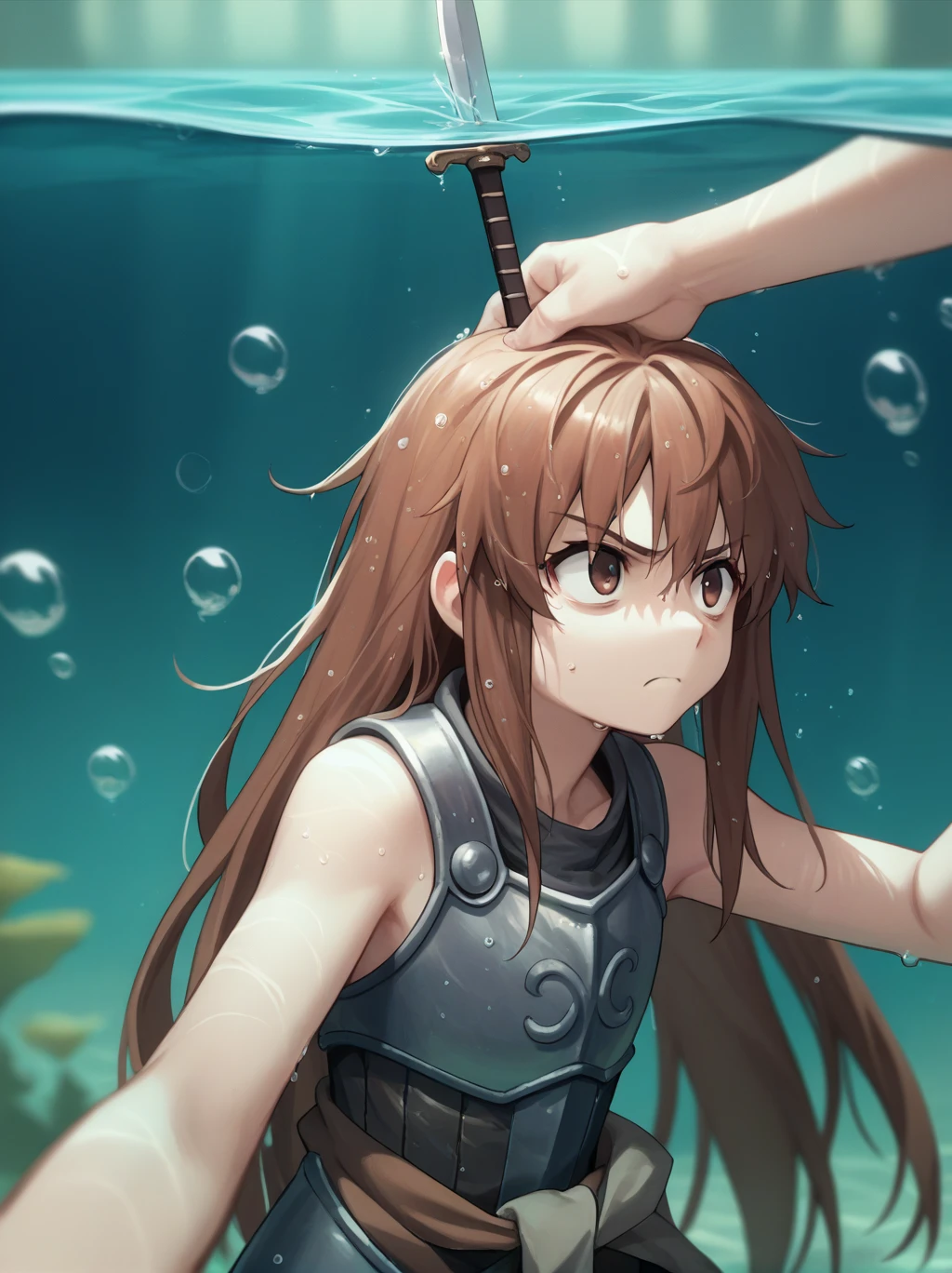 Partially underwater,最high quality,high quality, 4-year-old, , Long Hair, Brown Hair, Wet Hair,  Blurred Edges,Flat Chest,Pitch-dark underground labyrinth,No light,Leather armor,Equipped with a dagger and a shield,Face above water,Body in water, Underwater Photography,The robe rolls up due to buoyancy,Painful face