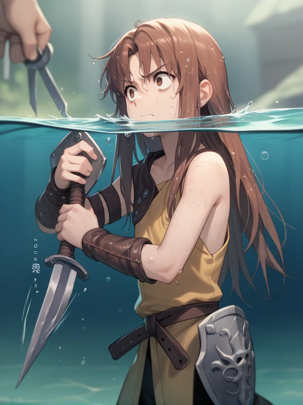 Partially underwater,最high quality,high quality, 4-year-old, , Long Hair, Brown Hair, Wet Hair, Blurred Edges,Flat Chest,Pitch-dark underground labyrinth,No light,Leather armor,Equipped with a dagger and a shield,Face above water,Body in water, Underwater Photography,The robe rolls up due to buoyancy,Painful face