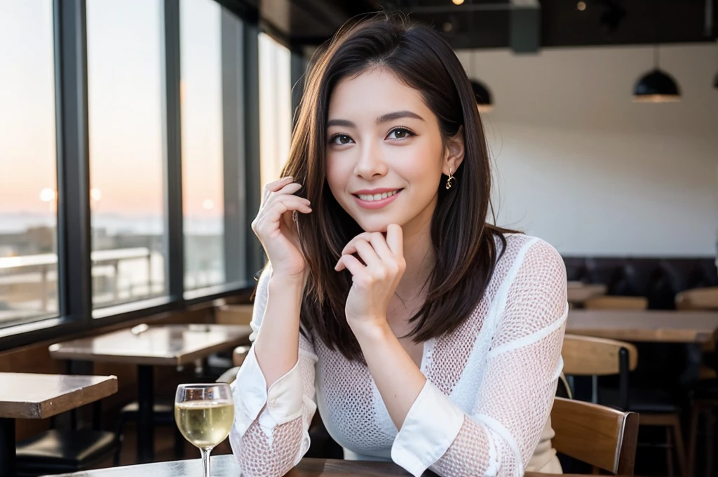 ((Highest quality、8K、masterpiece:1.3))、1 male、1 female、spouse、Beautiful couple、smile、full-course dinner、 (Slim face), (the body is スリム), (Brown Hair), (Shortcuts), ((Bob Hale、Straight hair:1.2)), テーブルの上のwine glass、Put the light on your face、 Amazing view of the sunset sky and clouds、smileの美しさ、Bright image、Blushing, Shortcuts, (Age 35), 39 years old, Appetizers、Italian food、Wine bottle、Champagne、sparkling wine、Long sleeve shirt、dress、Attractive beauty、restaurant, Nova Frog Style, actress, model, Upper Body, White wine, red wine, wine glass,