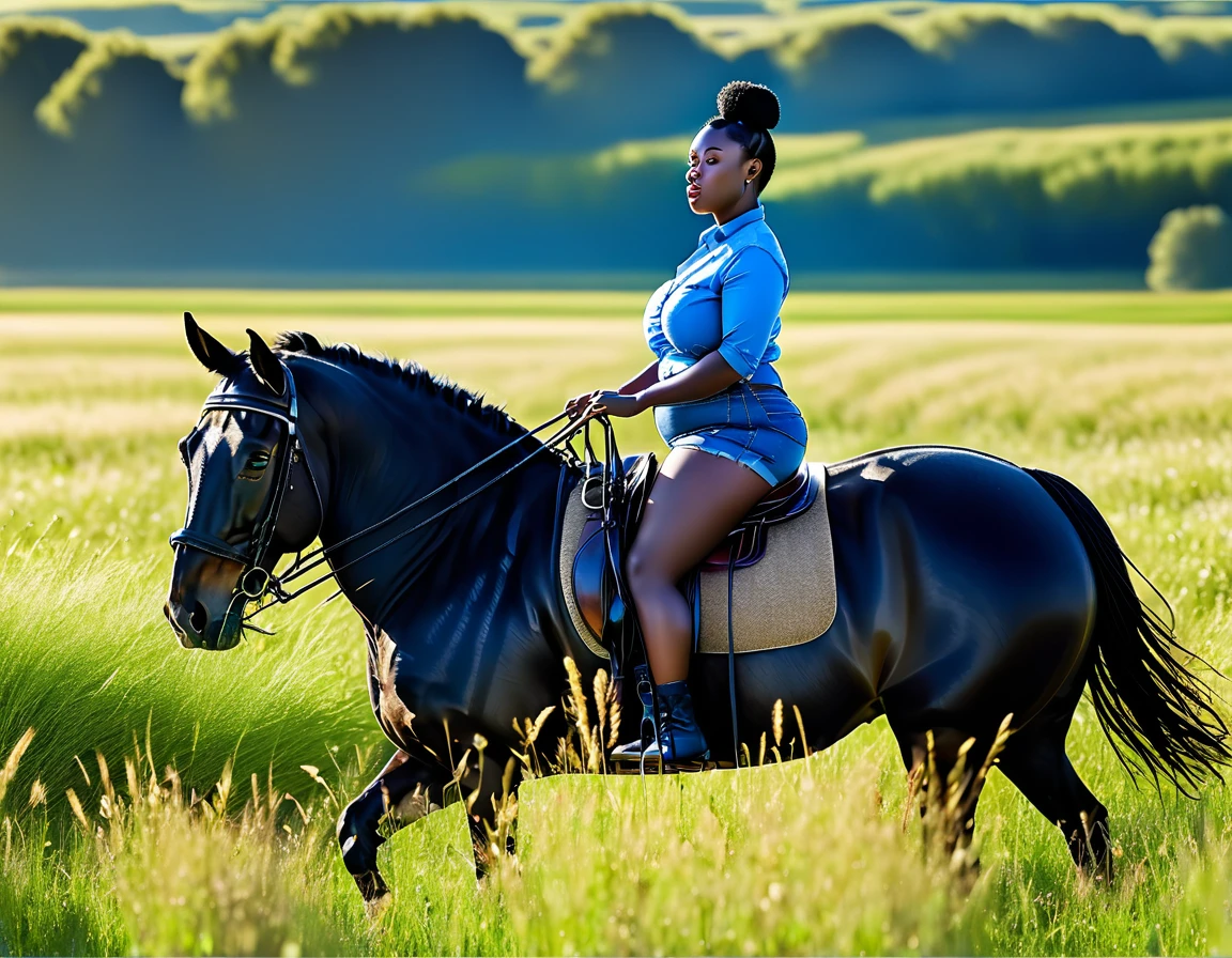 African woman (very full figured  black skinned ) nude.  riding big black shire horse. big bum. .a very full figured very black skinned nude African woman riding a big Belgian draft horse mare (side view). big bum. very short tail raise high. horse facing horizon . flat grass meadow. steaming horse dung behind horse. cloudless blue sky., black hair, short ponytail, dilated pupils, smelling, open mouth, high detail, depth of field, UHD, masterpiece, anatomically correct, accurate, super detail, highres, 16k meadow.  cloudless blue sky. 