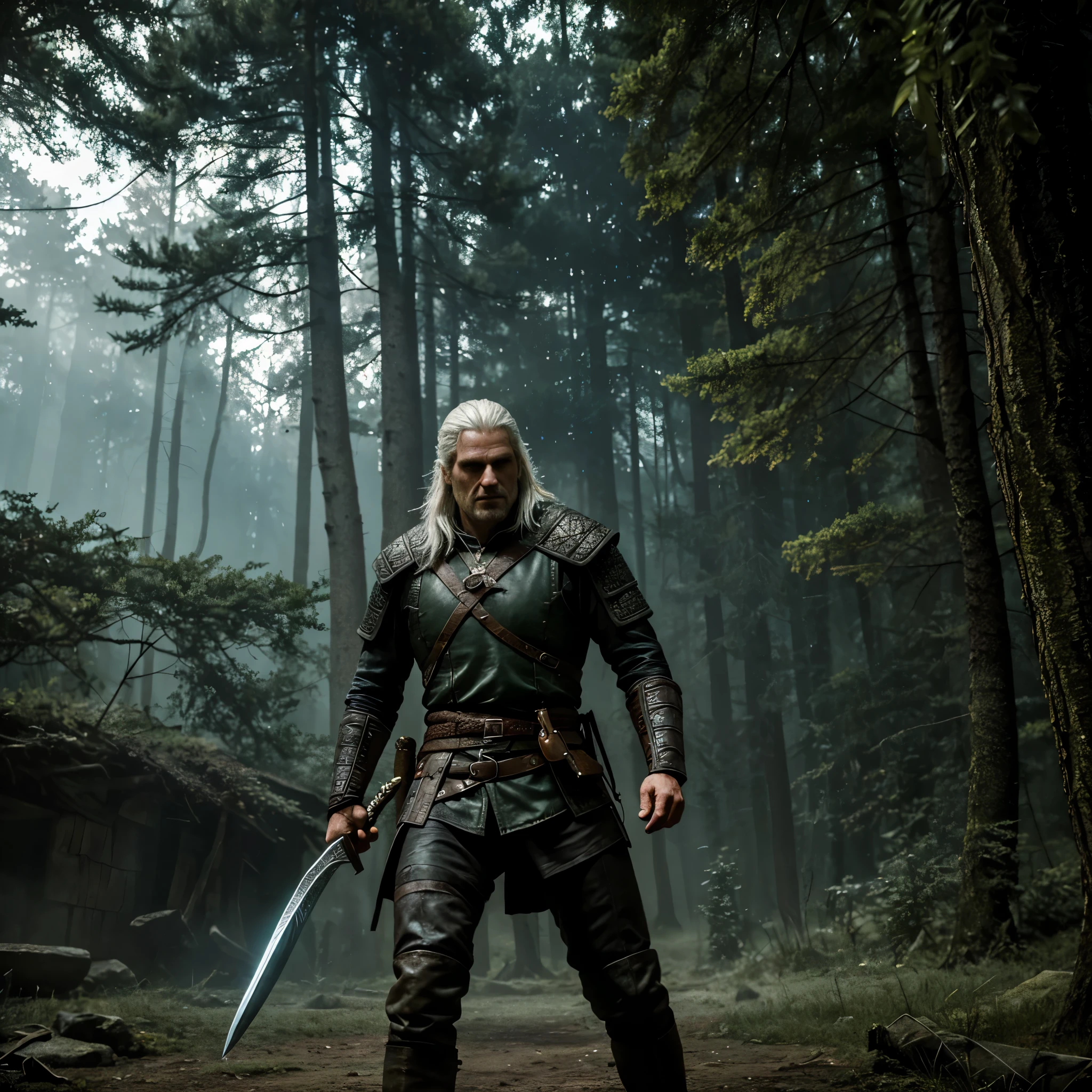 "Imagine the scene, where Geralt of Rivia finds himself in the heat of battle with monsters or enemies. Describe him with a sword in his hand, ready to fight, focused and lively. Include environmental details - maybe an enchanted forest, ruined castle or other fantasy location. It is important to convey the tension and atmosphere of battle in the image."