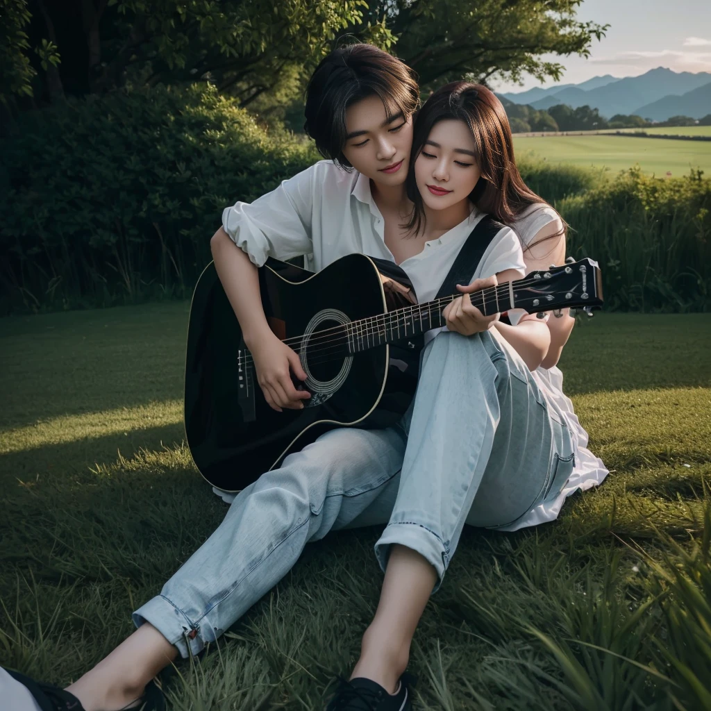 they are sitting on the grass playing a guitar together, couple pose, romantic couple, yan, shot with canon eoa 6 d mark ii, by Ni Yuanlu, by Yang J, realism art, korean artist, high quality fanart, lovely couple, photoshoot, high quality portrait, women playing guitar, sitting on one knee on the grass, fanart