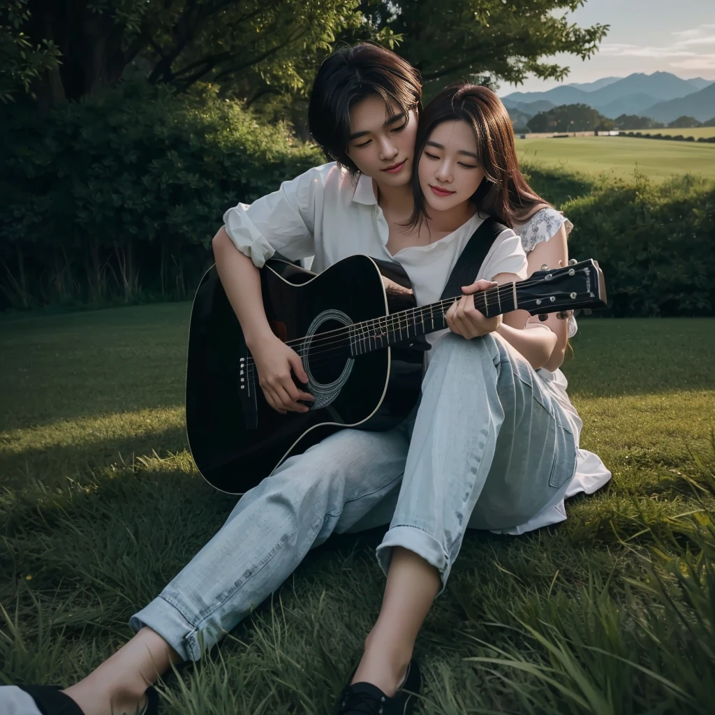 they are sitting on the grass playing a guitar together, couple pose, romantic couple, yan, shot with canon eoa 6 d mark ii, by Ni Yuanlu, by Yang J, realism art, korean artist, high quality fanart, lovely couple, photoshoot, high quality portrait, women playing guitar, sitting on one knee on the grass, fanart