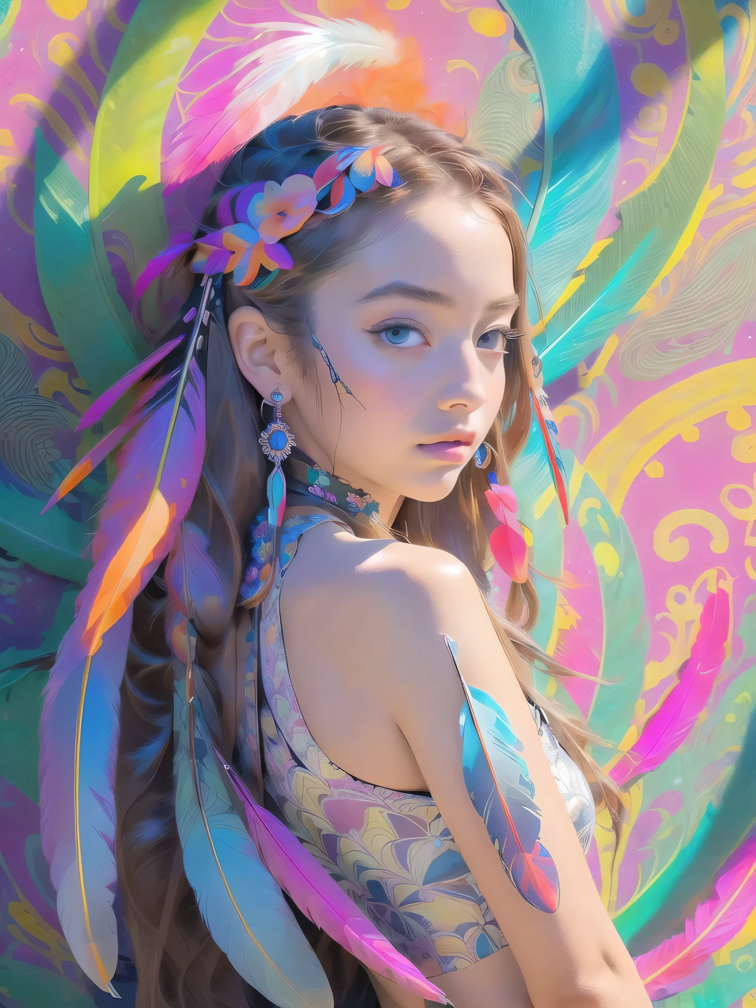 (Masterpiece, Highest quality, best quality, official art, beautiful and beautiful:1.2), (1 girl:1.3), very detailed,(fractal art:1.1),(colorful:1.1)(flower:1.3),Maximum details,(Zentangle:1.2), full body, (abstract background:1.3), (Shiny skin), (many colors:1.4), ,(earring), (feather:1.5),