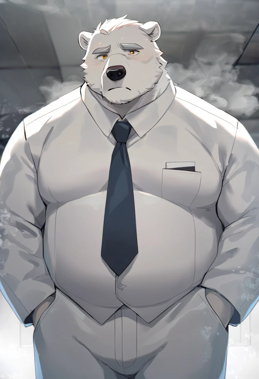 polar bear,personification,Mature male,Strong Man,White hair,naked,Cold expression,Golden pupils,Gray eyebrows,White suit suit,Hands in pockets,The Age of Steam,office。