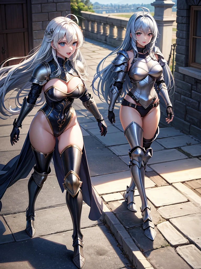 Woman knight、a beauty girl、huge tit、Excellent style、Nice Buddy、glamorous、leotard、s Armor、Shoulder rest armor、Bra chest armor、knee boots、gauntlets、hair adornments、silber hair、Longhaire、Ahoge、is standing、full body seen 、Medieval city、Walking、slightly open mouth、a smile、