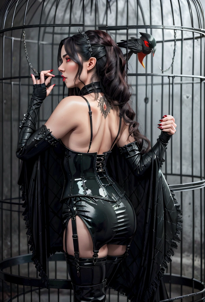 (Best quality,4K,8K,A high resolution,Masterpiece:1.2),Ultra-detailed,(Realistic,Photorealistic,photo-realistic:1.37),Hot succubus mom with long black hair, Rich black lips, Wearing revealing black leather clothing，Decorated with BDSM elements. Her attire included an alluring corset, Highlight her sexy figure. Her skin  a charming fiery red, Exudes demonic charm. Gracefully sprouting a pair of majestic demon wings from her back, exquisite and meticulous，The pattern  intricate. On top of her head, She has the charming Cape Tieflin, Embodies her otherworldly existence. The artwork should capture her seductive aura, Show her confidence and strength. The light in the scene should highlight the seductive curves of her body, casting dramatic shadows and highlights. The color palette should evoke a sense of darkness and desire, Has a rich black contrast tone, Red, and deep maroon. (trapped inside a bird cage:1.2)