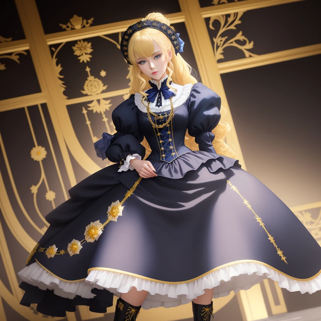 Anime, aristocratic woman, anime style, blue eyes, dark blue dress with a karset, white small skirt, black sleeves, black glove on the right hand, blue bows on the forearms, long black boots ending with royal trims, yellow with blue stones tied, blond hair, yellow coat, stetson with black and yellow roses