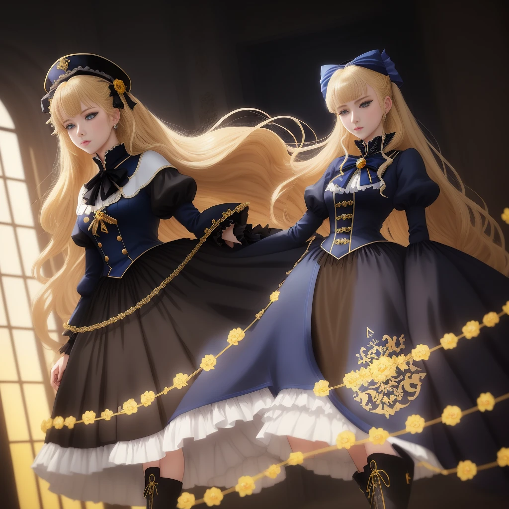 Anime, aristocratic woman, anime style, blue eyes, dark blue dress with a karset, white small skirt, black sleeves, black glove on the right hand, blue bows on the forearms, long black boots ending with royal trims, yellow with blue stones tied, blond hair, yellow coat, stetson with black and yellow roses